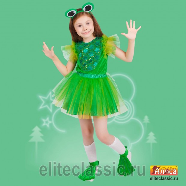 Лягушка девочка (зелёный, р-р 32; комплект: ободок, блузка, юбка, текстильная имитация обуви)