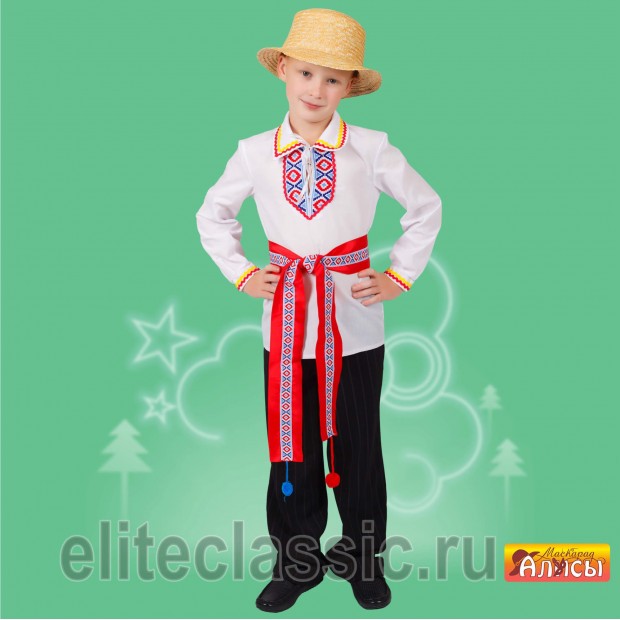 Белорусский мальчик (белый, р-р 34; комплект: головной убор, сорочка, пояс, брюки)