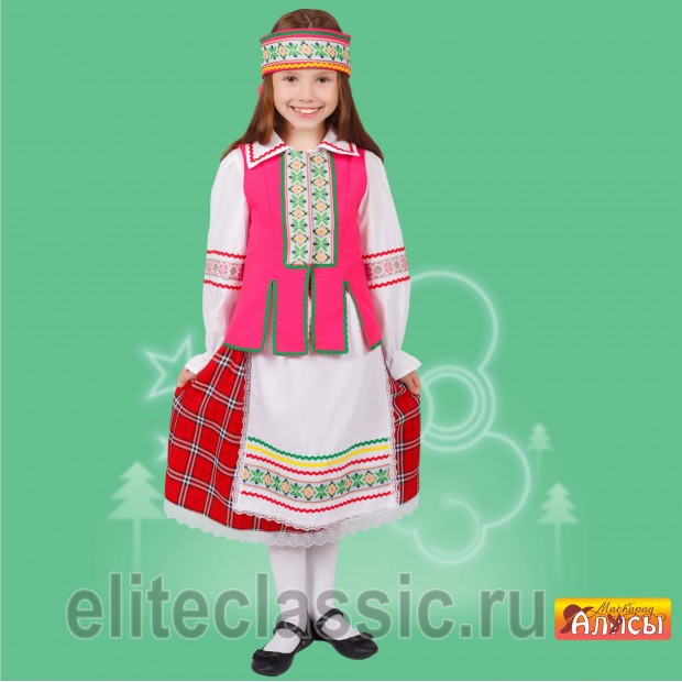 Белорусская девочка (розовый, р-р 30; комплект: головной убор, жилет, фартук, блузка, юбка)