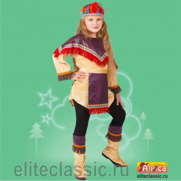 Индеец - девочка (бежевый, р-р 30; комплект: головной убор, фартук, платье, текстильная имитация обуви)