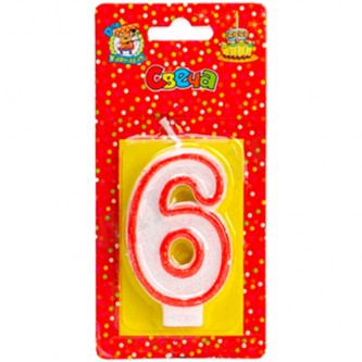 Свеча для торта 4665306724119 с красной окантовкой с блестками Цифра 6 С-2411 Свеча для торта 4665306724119 с красной окантовкой с блестками Цифра 6 С-2411