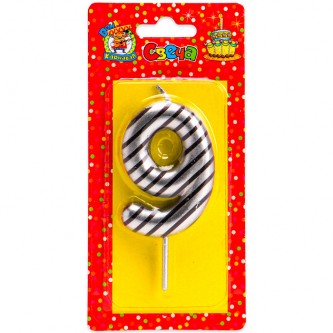 Свеча для торта в полоску Цифра 9 серебряная С-2528