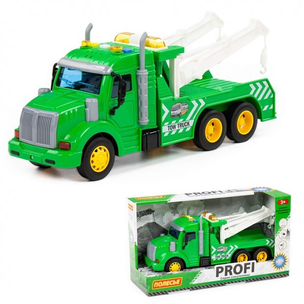 Автомобиль Профи эвакуатор инерционный со светом и звуком зеленый в коробке 86594