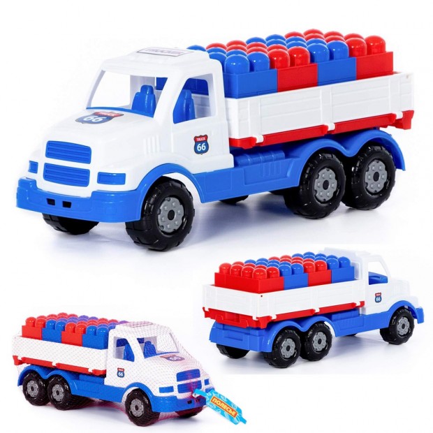 Автомобиль Сталкер Бортовой бело-синий+конструктор Юниор 20 элементов 93189