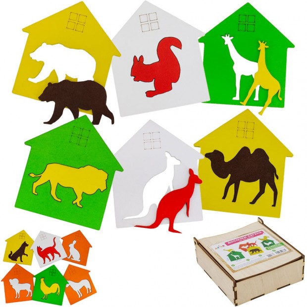 Деревянная Пазл-вкладыш Досочки Сегена Где чей домик? Деревянная Пазл-вкладыш Досочки Сегена Где чей домик?