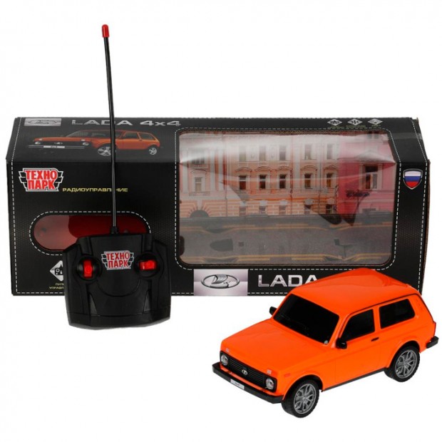 Машина на радиоуправлении LADA 4x4 18 см, свет, оранжевый Технопарк в коробке