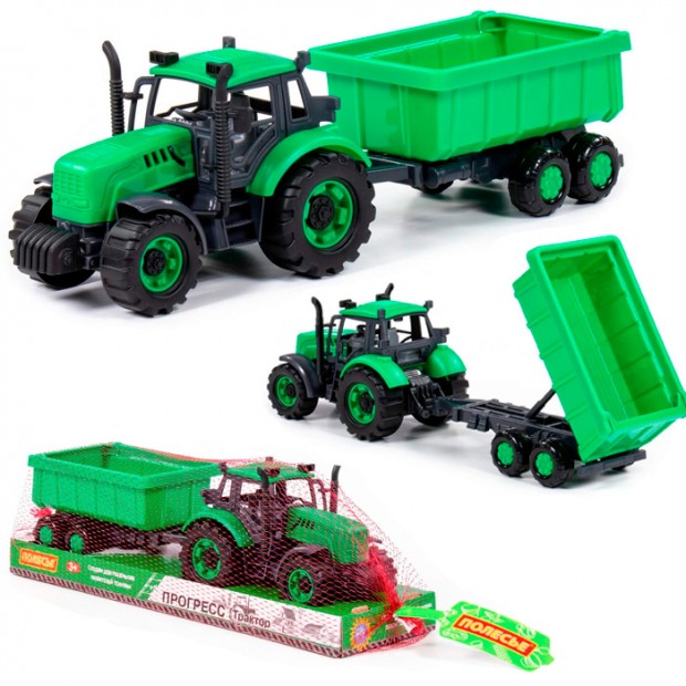 Трактор "Прогресс" с прицепом инерционный зелёный в лотке 94186 Трактор "Прогресс" с прицепом инерционный зелёный в лотке 94186