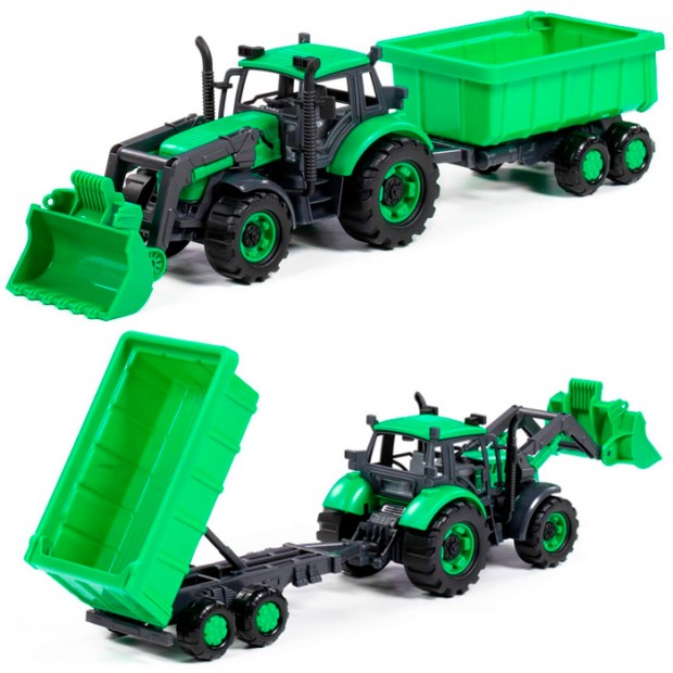 Трактор Прогресс с прицепом и ковшом инерционный зелёный в лотке 94667 П-Е Трактор Прогресс с прицепом и ковшом инерционный зелёный в лотке 94667 П-Е