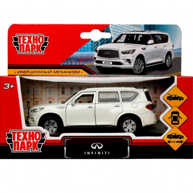 Модель INFINITI QX80, длина 12,5 см, двери, багажник, инер, белый Технопарк в коробке