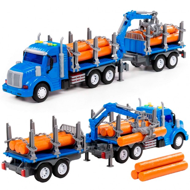 Автомобиль Профи лесовоз с прицепом инерционный со светом и звуком синий в коробке 96197 Автомобиль Профи лесовоз с прицепом инерционный со светом и звуком синий в коробке 96197