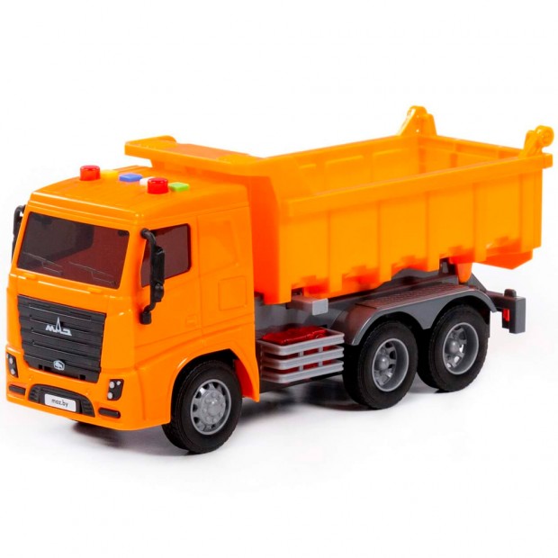 Автомобиль-самосвал МАЗ инерционный со светом и звуком оранжевый в коробке 67262