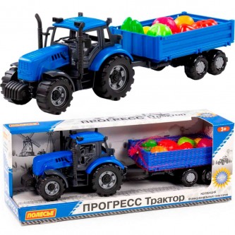 Трактор Прогресс с бортовым прицепом инерционный синий+набор продуктов 7 элементов 02291 П-Е /8/. Трактор Прогресс с бортовым прицепом инерционный синий+набор продуктов 7 элементов 02291 П-Е /8/.