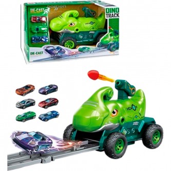 Автотрек зеленый Динозавр с набором машин в коробке