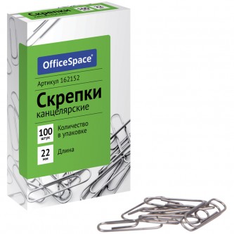 Скрепки 22мм, OfficeSpace, 100шт., карт. упаковка
