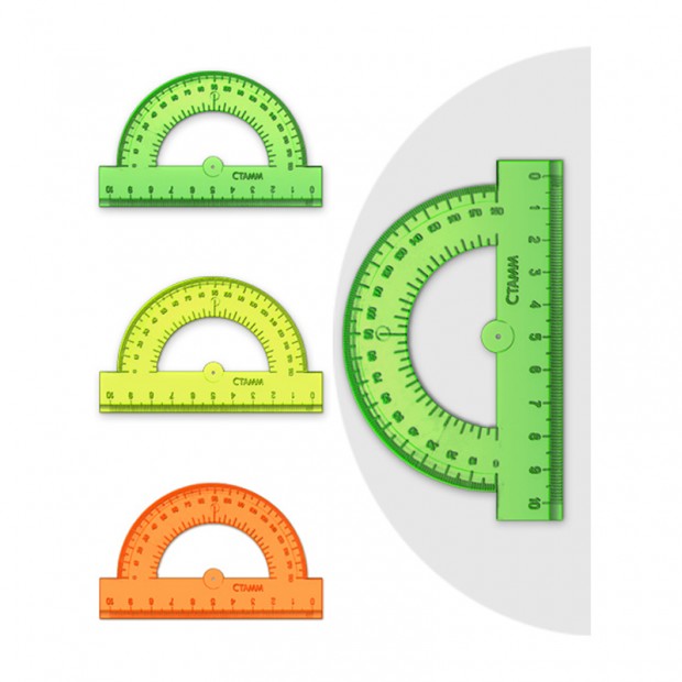Транспортир 10см, 180° СТАММ, пластиковый, отливная шкала, прозрачный, неоновые цвета, ассорти