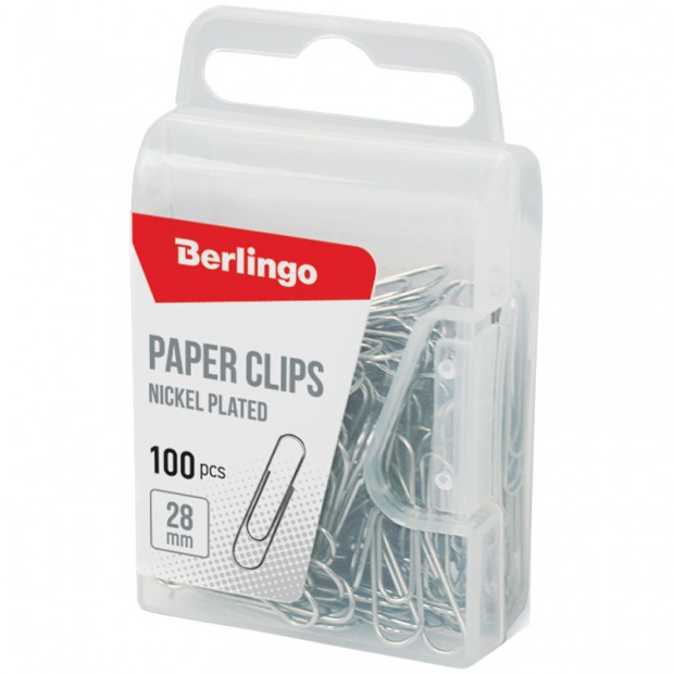 Скрепки 28мм, Berlingo, 100шт., никелированные, пласт. упак., европодвес Скрепки 28мм, Berlingo, 100шт., никелированные, пласт. упак., европодвес