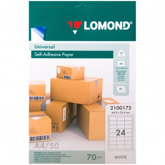Бумага самоклеящаяся А4 50л. Lomond, белая, 24 фр. (64*33,4), 70г/м2 Бумага самоклеящаяся А4 50л. Lomond, белая, 24 фр. (64*33,4), 70г/м2