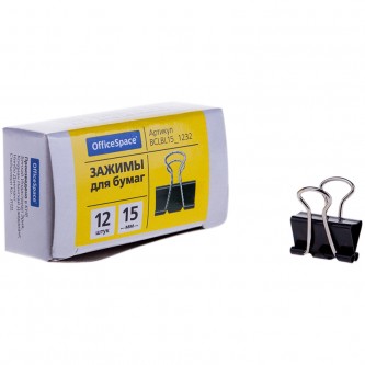 Зажимы для бумаг 15мм, OfficeSpace, 12шт., черные, картонная коробка Зажимы для бумаг 15мм, OfficeSpace, 12шт., черные, картонная коробка