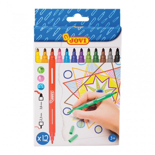 Фломастеры двусторонние JOVI, 12цв., смываемые, картон, европодвес