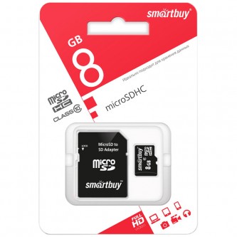 Карта памяти SmartBuy MicroSDHC  8GB, Class 10, скорость чтения 10Мб/сек (с адаптером SD)