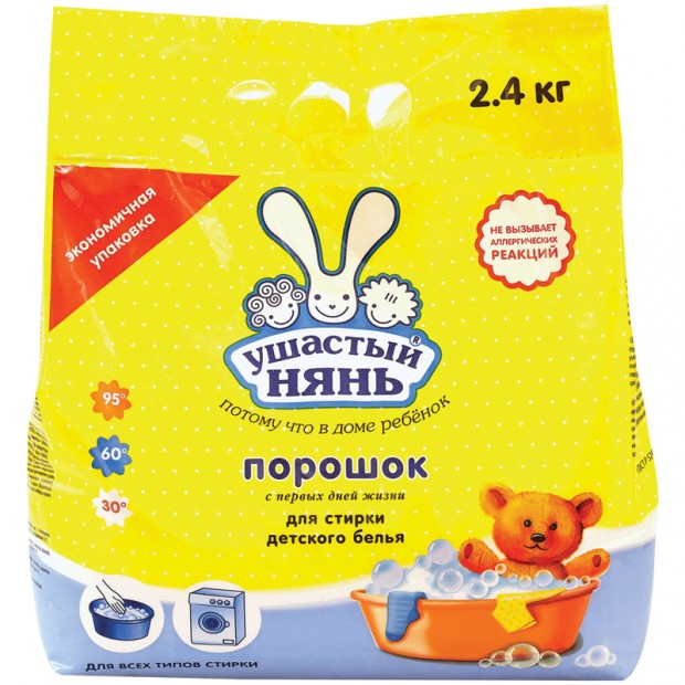 Порошок для машинной и ручной стирки Ушастый нянь, 2,4кг Порошок для машинной и ручной стирки Ушастый нянь, 2,4кг