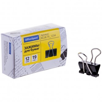 Зажимы для бумаг 19мм, OfficeSpace, 12шт., черные, картонная коробка Зажимы для бумаг 19мм, OfficeSpace, 12шт., черные, картонная коробка