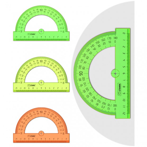 Транспортир 12см, 180° СТАММ, пластиковый, прозрачный, неоновые цвета, ассорти