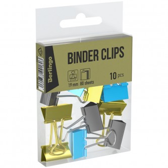 Зажимы для бумаг 19мм, Berlingo, 10шт., цветные, ПВХ упак., европодвес, голубой+золотой Зажимы для бумаг 19мм, Berlingo, 10шт., цветные, ПВХ упак., европодвес, голубой+золотой