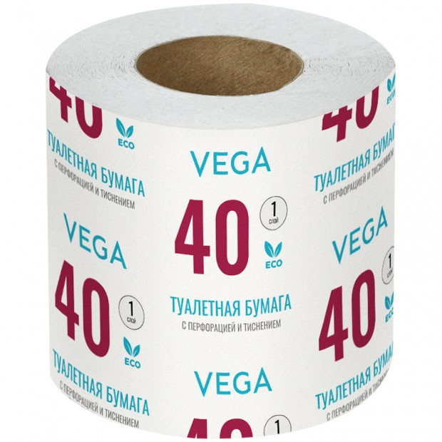 Бумага туалетная Vega, 1-слойная, 40м/рул., на втулке, с перф., с тиснением, белая Бумага туалетная Vega, 1-слойная, 40м/рул., на втулке, с перф., с тиснением, белая