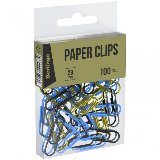 Скрепки 28мм, Berlingo, 100шт., цветные, ПВХ упак., европодвес, голубой+золотой Скрепки 28мм, Berlingo, 100шт., цветные, ПВХ упак., европодвес, голубой+золотой