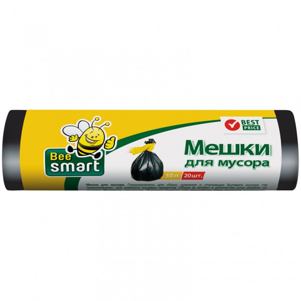 Мешки для мусора 30л BeeSmart ПНД, 47*57см, 5мкм, 20шт., черные, в рулоне Мешки для мусора 30л BeeSmart ПНД, 47*57см, 5мкм, 20шт., черные, в рулоне