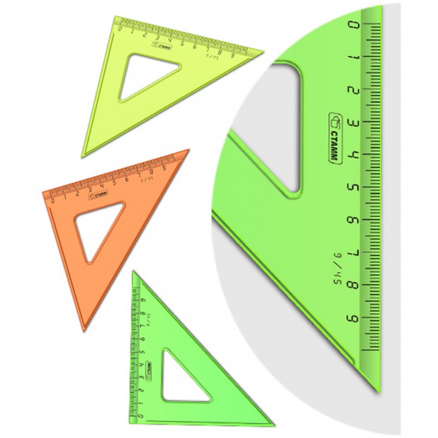 Треугольник 45°, 9см СТАММ, пластиковый, прозрачный, неоновые цвета, ассорти