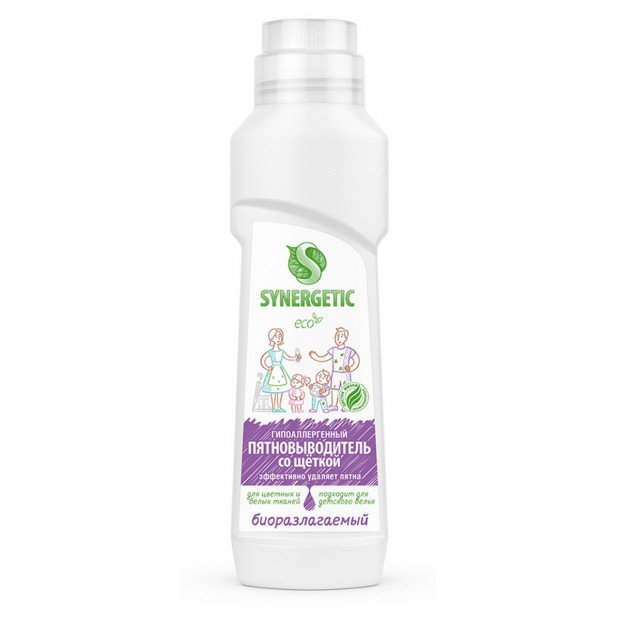 Пятновыводитель Synergetic, жидкий, универсальный, гипоалергенный, для предварительной обработки тканей, с щеткой, 250мл Пятновыводитель Synergetic, жидкий, универсальный, гипоалергенный, для предварительной обработки тканей, с щеткой, 250мл