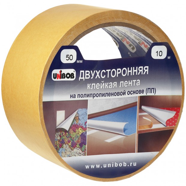 Клейкая лента двусторонняя Unibob, 50мм*25м, полипропилен, инд. упаковка Клейкая лента двусторонняя Unibob, 50мм*25м, полипропилен, инд. упаковка
