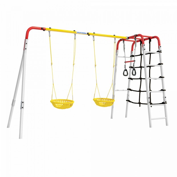 Комплект: лестница, набор для взбирания, кольца, качели 2 шт (красный/желтый/белый) Комплект: лестница, набор для взбирания, кольца, качели 2 шт (красный/желтый/белый)