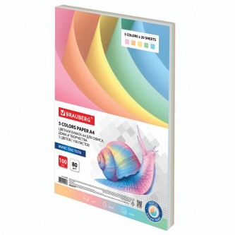 Бумага цветная BRAUBERG, А4, 80 г/м2, 100 л., (5 цветов х 20 листов), пастель, для офисной техники, 112460 Бумага цветная BRAUBERG, А4, 80 г/м2, 100 л., (5 цветов х 20 листов), пастель, для офисной техники, 112460
