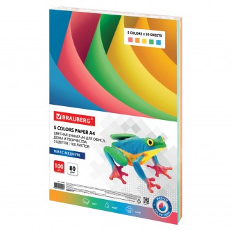 Бумага цветная BRAUBERG, А4, 80 г/м2, 100 л., (5 цветов х 20 л.), медиум, для офисной техники, 112462 Бумага цветная BRAUBERG, А4, 80 г/м2, 100 л., (5 цветов х 20 л.), медиум, для офисной техники, 112462
