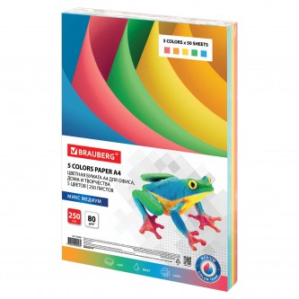 Бумага цветная BRAUBERG, А4, 80 г/м2, 250 л., (5 цветов х 50 л.), медиум, для офисной техники, 112465 Бумага цветная BRAUBERG, А4, 80 г/м2, 250 л., (5 цветов х 50 л.), медиум, для офисной техники, 112465