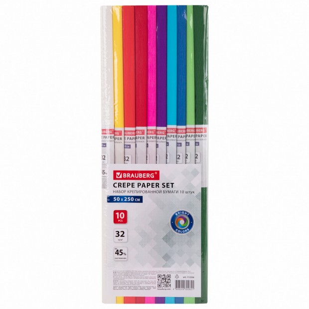 Бумага гофрированная/креповая, 32 г/м2, 50х250 см, 10 рулонов, яркие цвета, BRAUBERG, 112556 Бумага гофрированная/креповая, 32 г/м2, 50х250 см, 10 рулонов, яркие цвета, BRAUBERG, 112556