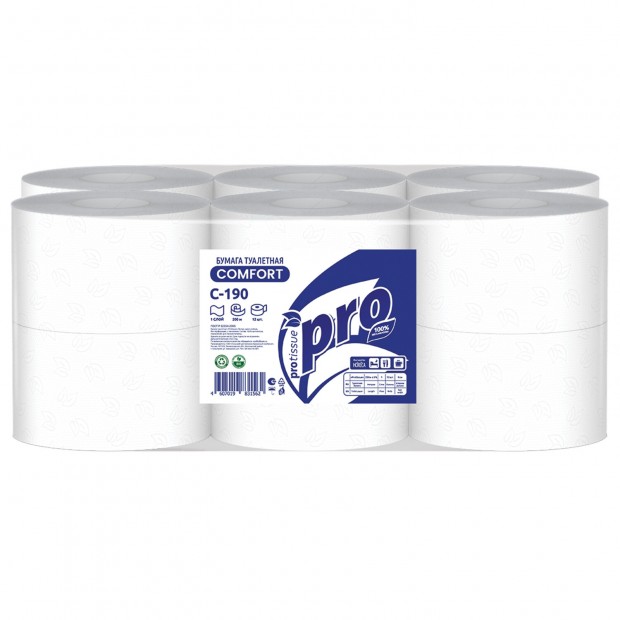 Бумага туалетная 200 метров, PROtissue (T2) COMFORT, 1-слойная, белая, КОМПЛЕКТ 12 рулонов, С190