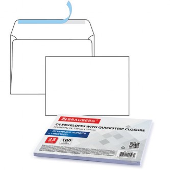 Конверты С4 (229х324 мм), отрывная лента, 100 г/м2, КОМПЛЕКТ 25 шт., BRAUBERG, 121852 Конверты С4 (229х324 мм), отрывная лента, 100 г/м2, КОМПЛЕКТ 25 шт., BRAUBERG, 121852