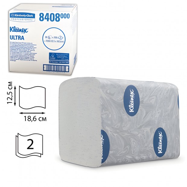 Бумага туалетная KIMBERLY-CLARK Kleenex, комплект 36 шт., Ultra, листовая, 200 л., 18,6х12,5 см, 2-слойная, диспенсер 601545, 8408 Бумага туалетная KIMBERLY-CLARK Kleenex, комплект 36 шт., Ultra, листовая, 200 л., 18,6х12,5 см, 2-слойная, диспенсер 601545, 8408