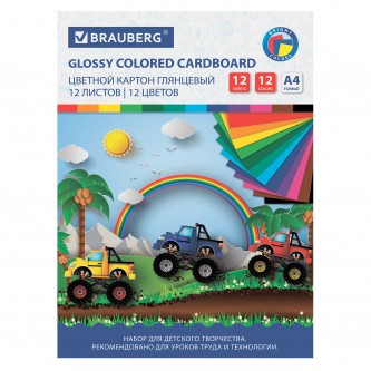 Картон цветной А4 МЕЛОВАННЫЙ (глянцевый), 12 листов 12 цветов, в папке, BRAUBERG, 200х290 мм, 