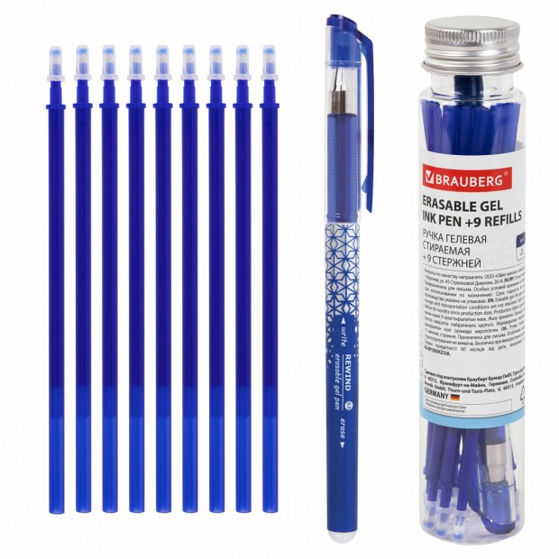 Ручка стираемая гелевая + 9 стержней в ПЛАСТИКОВОЙ ТУБЕ, СИНЯЯ, игольчатый наконечник 0,5 мм, линия 0,35 мм, BRAUBERG, 144093 Ручка стираемая гелевая + 9 стержней в ПЛАСТИКОВОЙ ТУБЕ, СИНЯЯ, игольчатый наконечник 0,5 мм, линия 0,35 мм, BRAUBERG, 144093