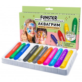 Аквагрим для лица и тела 12 цветов (10 классических+золото+серебро),10 трафаретов, FUNSTER, 192572 Аквагрим для лица и тела 12 цветов (10 классических+золото+серебро),10 трафаретов, FUNSTER, 192572