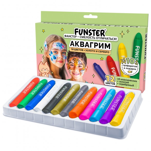 Аквагрим для лица и тела 12 цветов (10 классических+золото+серебро),10 трафаретов, FUNSTER, 192572 Аквагрим для лица и тела 12 цветов (10 классических+золото+серебро),10 трафаретов, FUNSTER, 192572