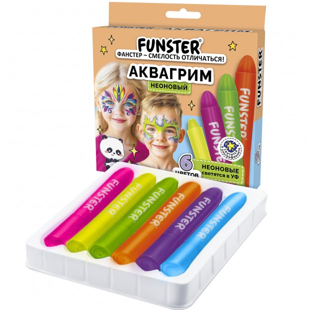 Аквагрим для лица и тела 6 НЕОНОВЫХ цветов FUNSTER, легко смываются, 192573 Аквагрим для лица и тела 6 НЕОНОВЫХ цветов FUNSTER, легко смываются, 192573