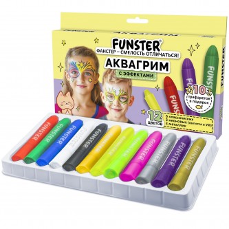 Аквагрим для лица и тела, 12 цветов (6 классических+3 неон+3 метал), 10 трафаретов, FUNSTER, 192575 Аквагрим для лица и тела, 12 цветов (6 классических+3 неон+3 метал), 10 трафаретов, FUNSTER, 192575