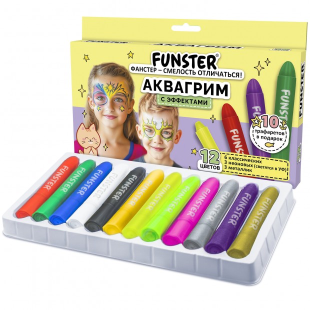 Аквагрим для лица и тела, 12 цветов (6 классических+3 неон+3 метал), 10 трафаретов, FUNSTER, 192575 Аквагрим для лица и тела, 12 цветов (6 классических+3 неон+3 метал), 10 трафаретов, FUNSTER, 192575