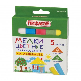 Мел для рисования на асфальте 5 штук, цветной квадратный, ПИФАГОР, картонная упаковка, европодвес, 221170